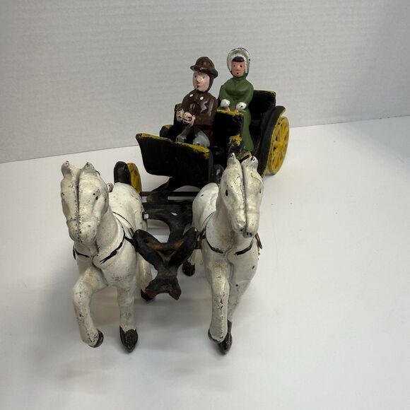 Vintage Cast Iron Double White Horse Drawn Carriage With Driver & Lady Passenger - Picture 2 of 7